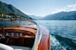 © Lubos Chlubny - Wooden speedboat cruising on lake como with mountains