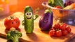 © Chelbom Art - Gemüse mit niedlichen Gesichtern auf Schneidebrett, 3D-Illustration von Tomate Gurke Aubergine Brokkoli Kirschtomaten