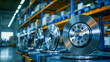 © Mikhail Vorobev - Shiny new metallic brake discs lined up in warehouse with shelves full of industrial automotive parts in the background and bright workshop lighting