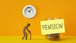© MissBeauty - Pension savings concept with jar of coins, sticky note text, elderly figure with cane and wall clock on orange background, retirement planning and finance idea