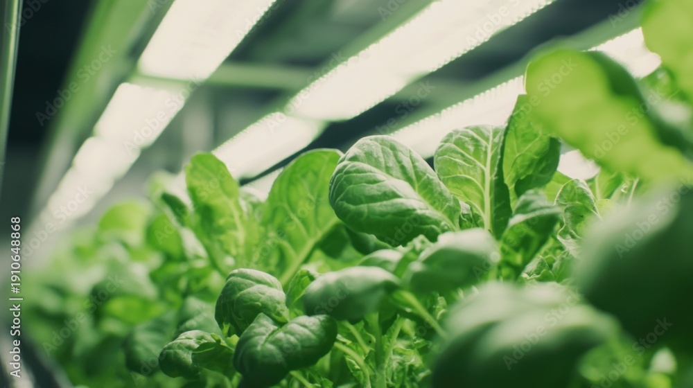 Fresh leafy greens growing in a vertical hydroponic farm under bright ...