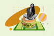 © deagreez - Composite trendy magazine photo collage of happy girl sit american hamburger fast food nutrition carbs junk cafe delivery