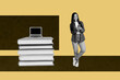 © deagreez - Composite poster image art collage of happy girl student stand pc monitor book education elearn study freelancer worker magazine
