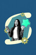 © deagreez - 3d photo collage trend sketch template artwork of happy businesswoman businessman jump star mark best reputation gearwheel settings