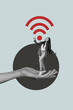 © deagreez - Banner vertical 3d collage poster of happy business girl guy freelancer  stand human hand wifi waves icon fast 5g network