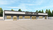 © Ahmad - Modern Grocery Store Exterior with White Brick Wall and Black Awning, 3D Render of a Supermarket Facade with Empty Parking Lot