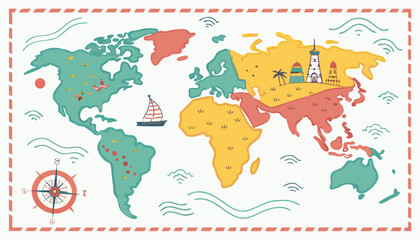  Colorful kids cartoon world map vector, simplified global geography design with animals and landmarks.