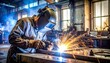 © ruangrit19 - Skilled Welder at Work in Industrial Setting Showcasing Sparks and Precision Welding Technique.
