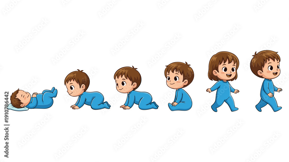Baby growth stages development crawling walking cartoon illustration ...