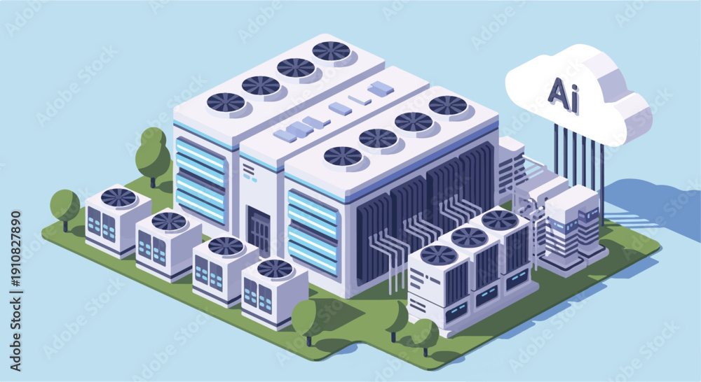 Isometric view of a modern data center with cooling units and AI cloud ...