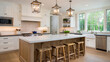 © Sabbir Digital - Modern kitchen with island and pendant lights in a bright and airy home interior design