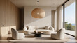 © Sabbir Digital - Modern living room with beige furniture and large windows