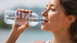 © 69 - Woman Enjoying Refreshing Drink of Water in Natural Outdoor Setting on a Bright Sunny Day