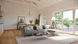 © Sabbir Digital - Modern living room with gray sofa and large windows and natural light