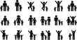© Zaidul - Set of family stick figure icons, parents and children silhouettes walking and playing, happy household life concept vector symbols collection.