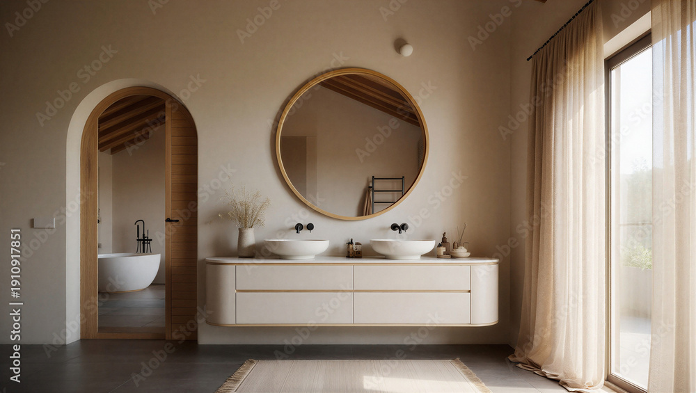 Modern bathroom interior with double sink vanity and mirror Stock Photo ...