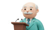 © Image - A cartoonish old man in a teal suit stands confidently at a brown podium with two microphones against a black background.