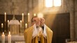 © AlfaSmart - Male catholic priest holding up eucharist during mass in church. Religious man celebrating sacrament of holy communion. Worship and spirituality concept.