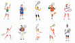 © Sri - Vector illustration set of diverse tennis players, showing seniors and young adults in dynamic action poses isolated on white.
