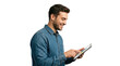 © MAS - Smiling young man in denim shirt using digital tablet, tapping screen with finger, isolated PNG with Transparent Background