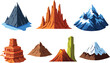 © Jahangir - Mountain landscape illustration set with different rocky peaks, volcanic hills and snowy summits representing nature, geography and outdoor scenery isolated on white background flat vector style