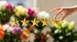 © Eve - Female hand placing five gold stars on blurred flower background. Best quality rating concept for florist shop review, customer satisfaction and excellent service feedback in nature context.