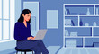 © DS Studio - Professional woman focused on her laptop, working from home or studying online in a stylish blue monochromatic office environment. Digital illustration.
