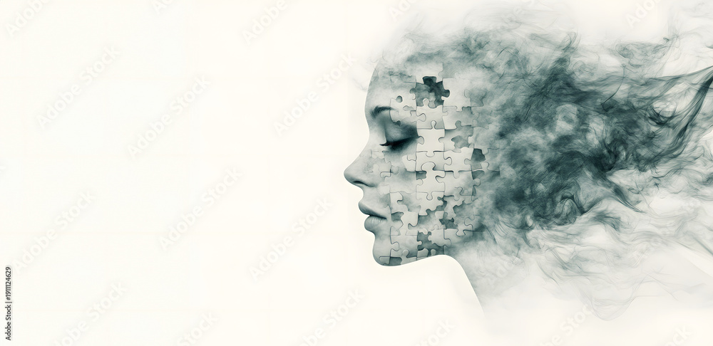 Surreal profile of woman dissolving into puzzle pieces,concept of ...