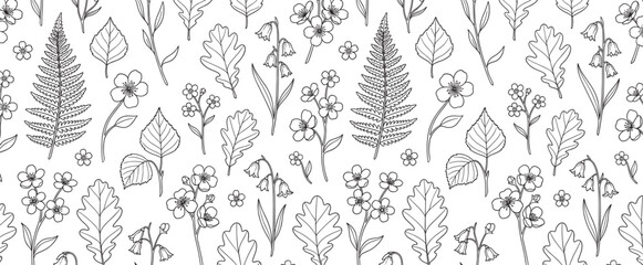  Hand-drawn black and white seamless pattern of various forest plants and wildflowers including fern, oak, and birch leaves in a simple doodle line art style for textile or wallpaper design