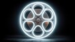 © Ansar - Neon film reel symbol glowing bright white and silver, classic glowing cinema icon, radiant illuminated movie reel, vibrant neon film industry symbol