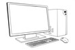 © Waqas - Computer workstation silhouette, black solid fill, tower CPU beside monitor, keyboard and mouse in front, simple vector graphic, isolated background