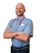 © mark_gusev - A man in a blue shirt and jeans is wearing a red stethoscope and has a black name or id badge. Male doctor in his 40s or 50s with bald head and short beard. White background. Calm and confident look.