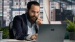 © DC Studio - Professional male using landline phone handset for networking call, remote voice communication for strategy planning and briefing. Businessman on wired phone in the office, leadership contact.
