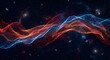 © Yuliia - Abstract digital waves flowing through cosmic space with glowing red and blue particle streams against starry night sky background for technology designs.