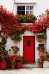  Red door stands out against white wall covered in blooming flowers outside a house in a small village during a sunny day with clear skies