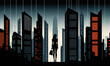 © wetzkaz - silhouette of a woman with a handbag standing and looking at a dark skyscraper city skyline with orange illuminated windows in the buildings during the evening.