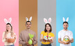 © New Africa - Easter collage with adults wearing bunny ears headbands on colorful backgrounds