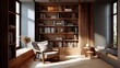 © SitiZoe - A luxury living room interior features a wooden bookcase and stylish furniture, blending home decor with a functional study space and elegant architecture
