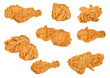 © Ma - assortment of crispy golden-brown fried chicken pieces and drumsticks on a transparent transparent background, presented as a delicious fast food meal.