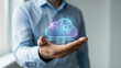 © Naret - Machine learning visual cloud concept in hand glowing hologram technology interface showcasing data automation and algorithm innovation