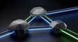 © Rohan - Abstract rendering of three metallic network nodes connected by glowing blue and green neon lines, symbolizing data transfer and decentralized technology.