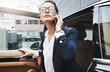 © peopleimages.com - Phone call, travel and business woman by taxi, communication or financial deal in city. Arrival, exit car and consultant talk with mobile for investment negotiation, commute or open door of transport