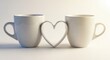 © Aralan - Tazas de café blancas unidas por un corazón, símbolo de amor y conexión, diseño minimalista para parejas, concepto de romance y unidad en cerámica.