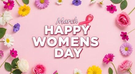  Happy Womens Day March 8 floral greeting card with pink roses and daisies pastel background