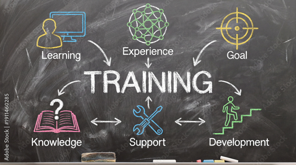 Training Building Knowledge Training concept on chalkboard with learning knowledge support and ...