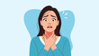© Washim - Terrified woman clutching her throat with a look of panic, illustrating choking, difficulty breathing, or an allergic reaction.