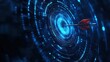 © Robbie - Arrow hitting archery target bullseye symbolizing precision success in business strategy marketing AI technology, dark blue data analysis digital background, futuristic sharp high resolution tech desi