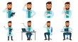 © Inara Studio - Bearded Doctor Character Set Vector. Collection of 8 professional physician poses: consulting, advising, thinking, and working on health technology.