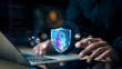 © Smile Studio AP - Cybersecurity shield, data encryption icons, cloud protection, and secure network interface. Concept of digital security and cyber defense technology.