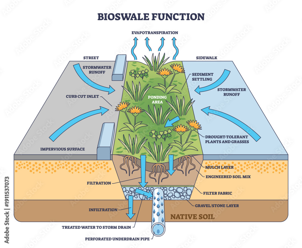 Bioswale function diagram shows how planted swales capture and filter ...